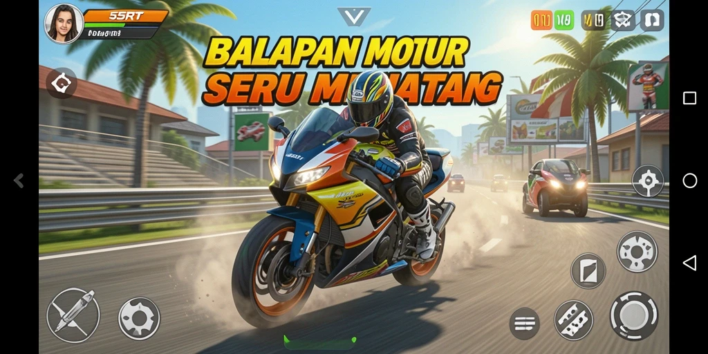 Tampilan gameplay 55RT yang mendebarkan dalam balapan motor.