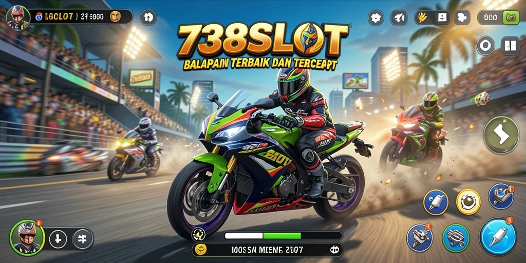 Tampilan gameplay 738SLOT dengan aksi balapan motor yang mendebarkan.