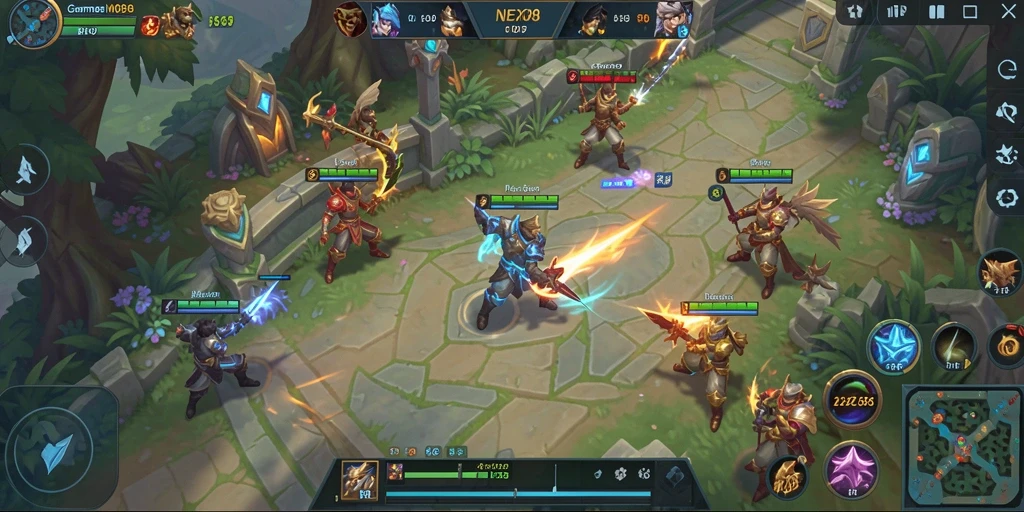 Screenshot gameplay NEX288 dengan pertarungan seru di arena MOBA.
